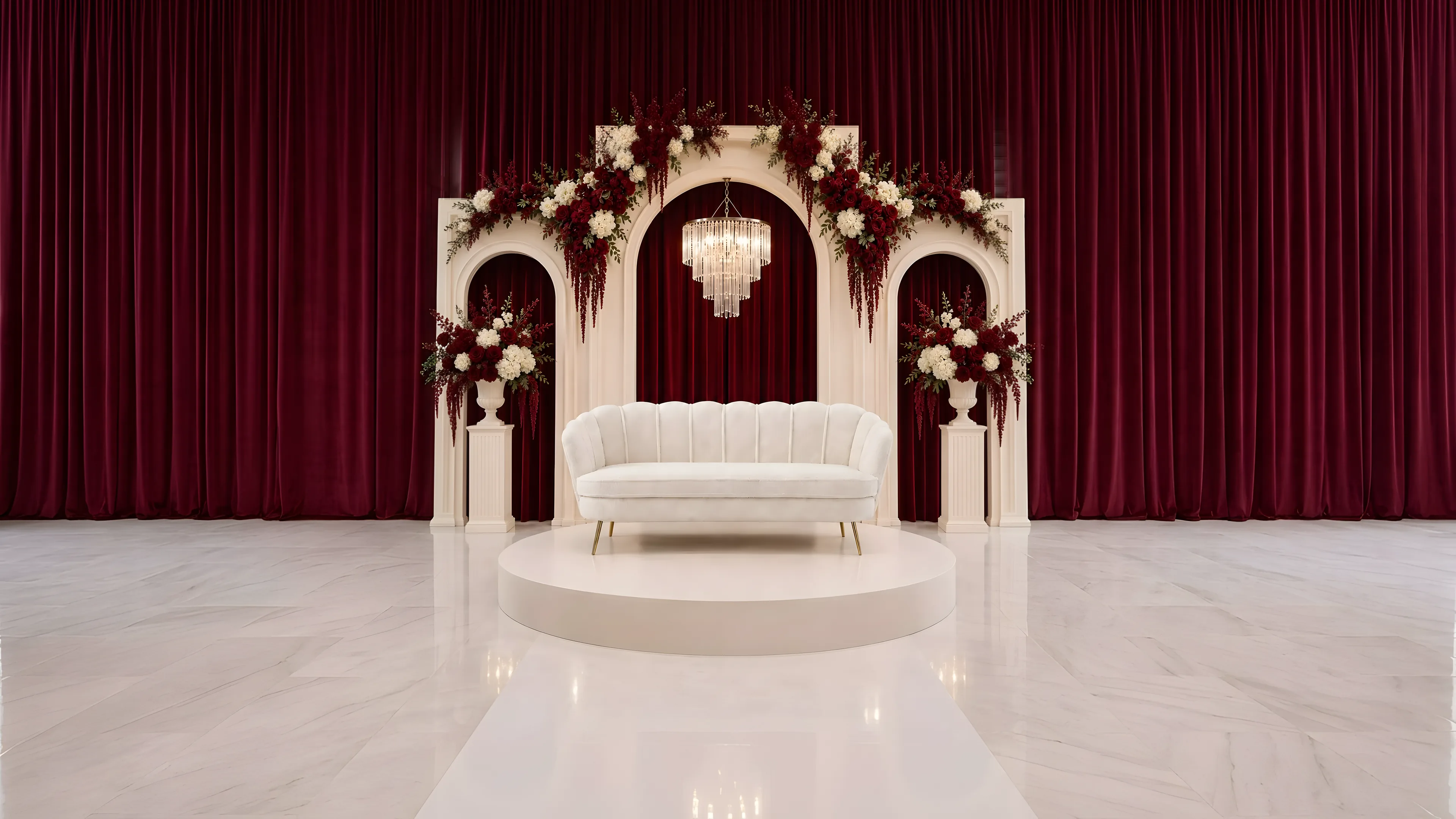 Burgundy Arches & Chandelier - Star Event Rental Houston TX